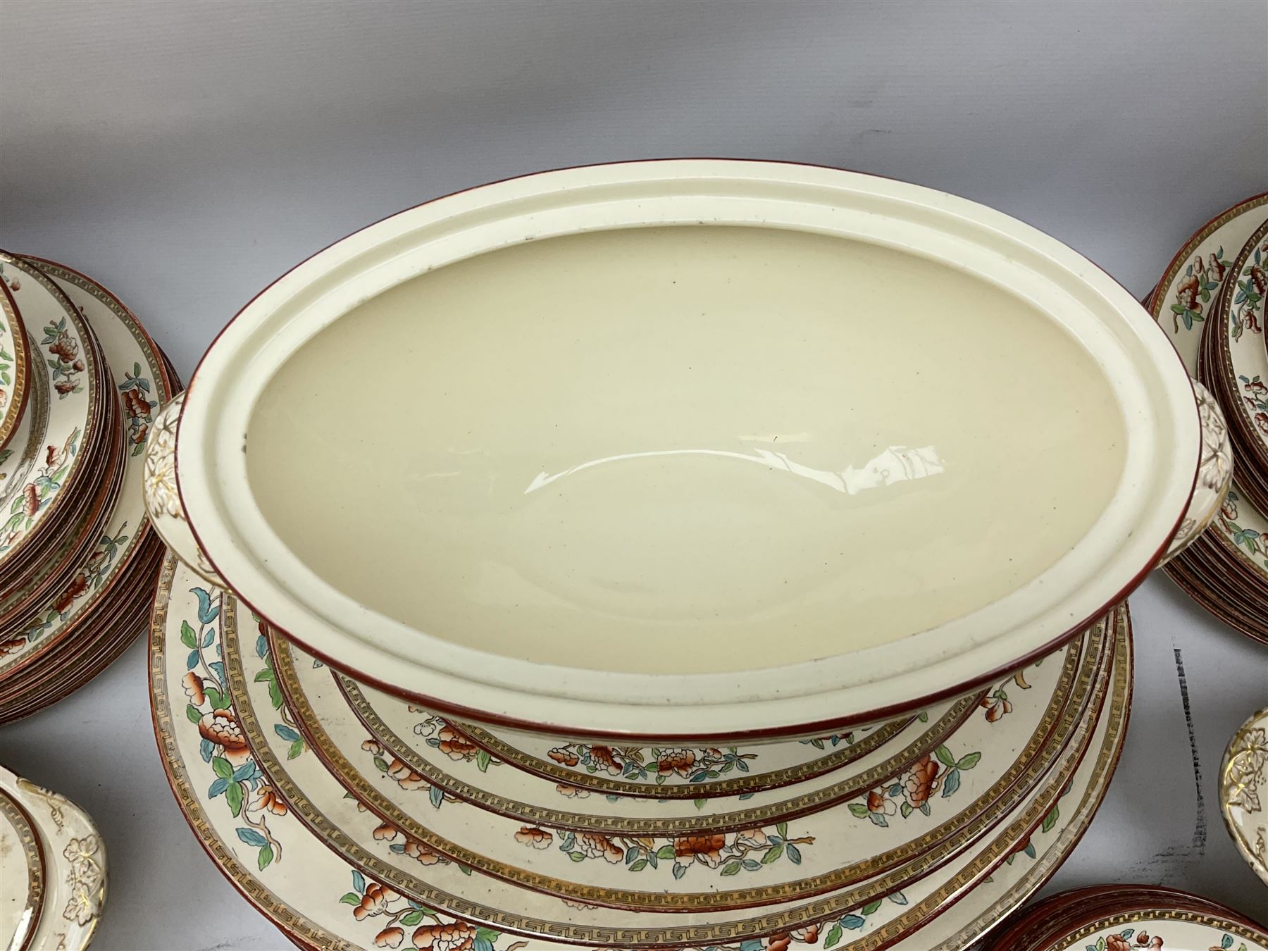 Victorian Copeland Spode Indian Tree pattern dinner service, to include sixteen dinner plates, fifteen side plates, eleven soup bowls in two sizes, four covered tureens of various forms, eight serving platters of various sizes etc  (74)