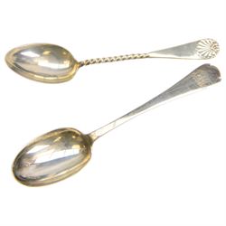 Two Victorian silver Christening sets, the first a twin handled porringer with presentation engraving to body and a matching spoon with rattail bowl, hallmarked Wakely & Wheeler, London 1898, the second example with circular part fluted bowl and matching spoon with twist handle and palmette finial, hallmarked Martin, Hall & Co, London 1884, both contained within tooled leather cases with fitted blue velvet and silk interior