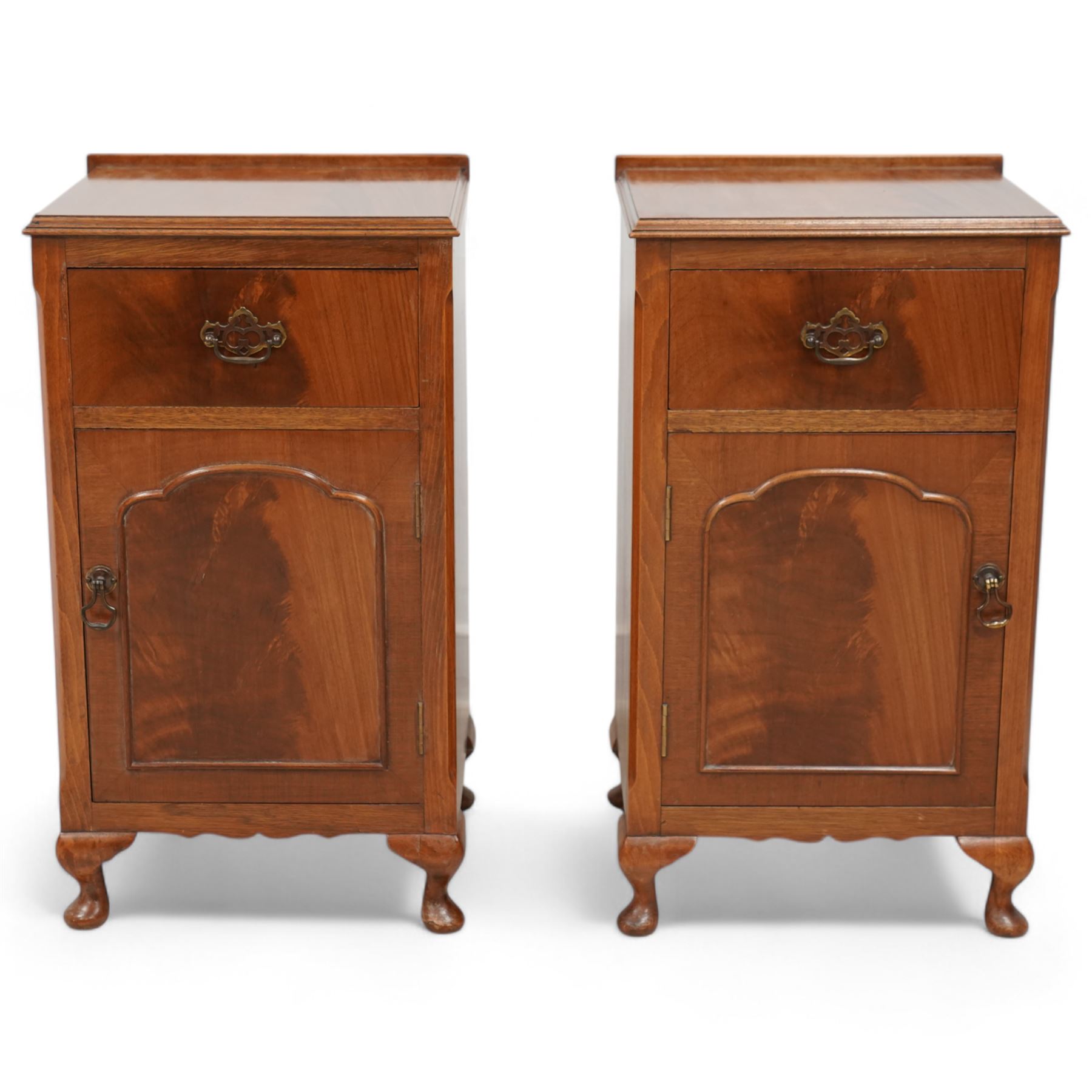 Pair of mid-20th century mahogany bedside cabinets, moulded top over single drawer and cupboard, on cabriole feet 