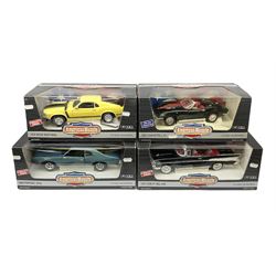 Four Ertl American Muscle 1:18 scale die-cast models - 1969 Pontiac GTO; 1970 Ford Boss 302 Mustang; 1957 Chevy bel Air; and 1967 Corvette L-71