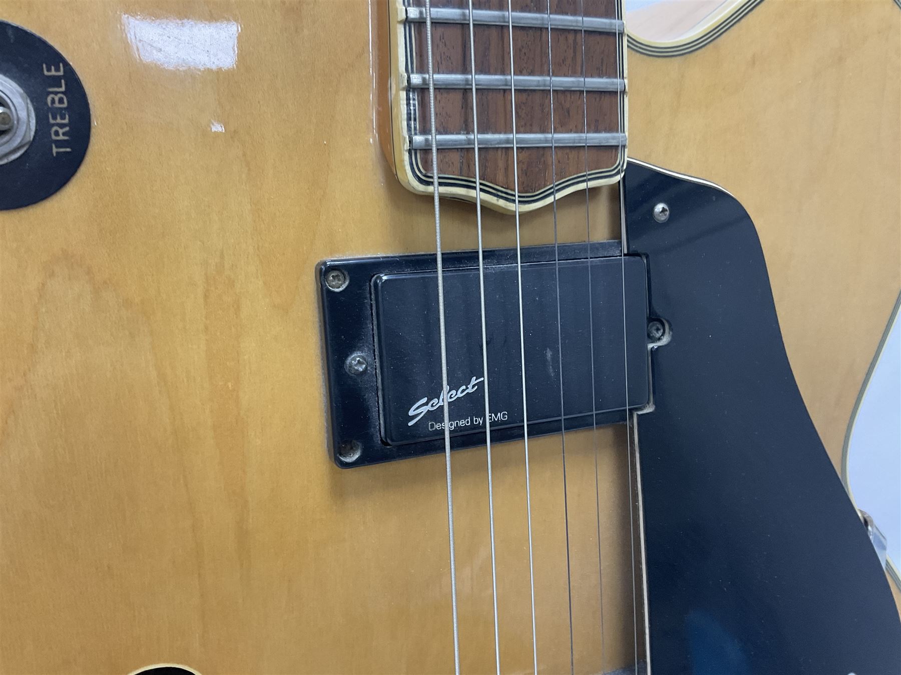 1980s Korean Antoria Jazzstar hollow body electric guitar, in blonde finish with inlaid fretboard, model no E G794, L109cm