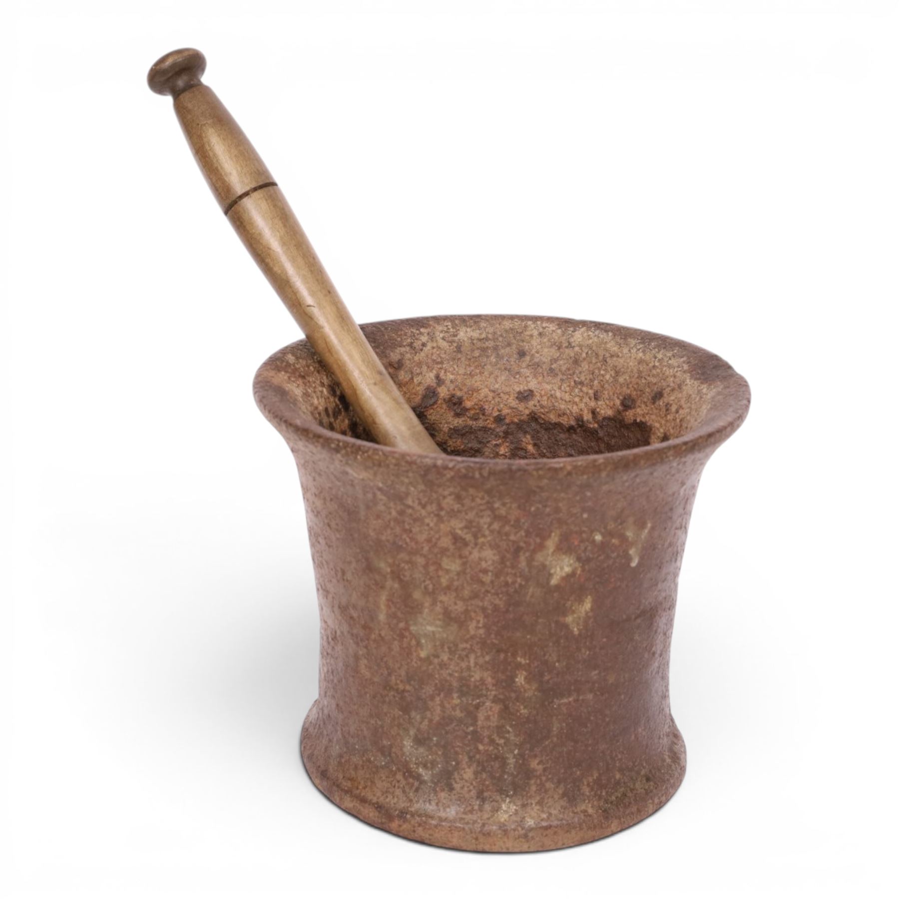 Early 19th century cast iron mortar, with turned wooden pestle, mortar H18, D23cm 