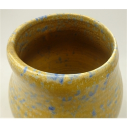  Ruskin vase of ribbed form, decorated in blue and yellow tonal mottled glaze, impressed 1927, H26cm   