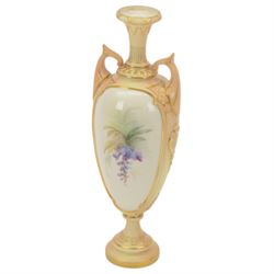 20th century Royal Worcester twin handled pedestal vase, the panels decorated with wisteria and signed Cole, with puce printed mark beneath, H27cm