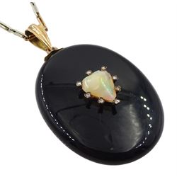  Victorian gold mounted black enamel mourning picture back pendant, the centre with heart shaped opal and diamond surround, on platinum and 18ct rose gold rectangular link necklace, with gold clip stamped 9ct