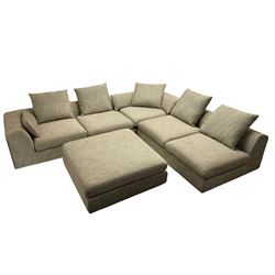 Contemporary corner sofa upholstered in grey fabric (310cm x 282cm); with matching rectangular footstool (110cm x 110cm)