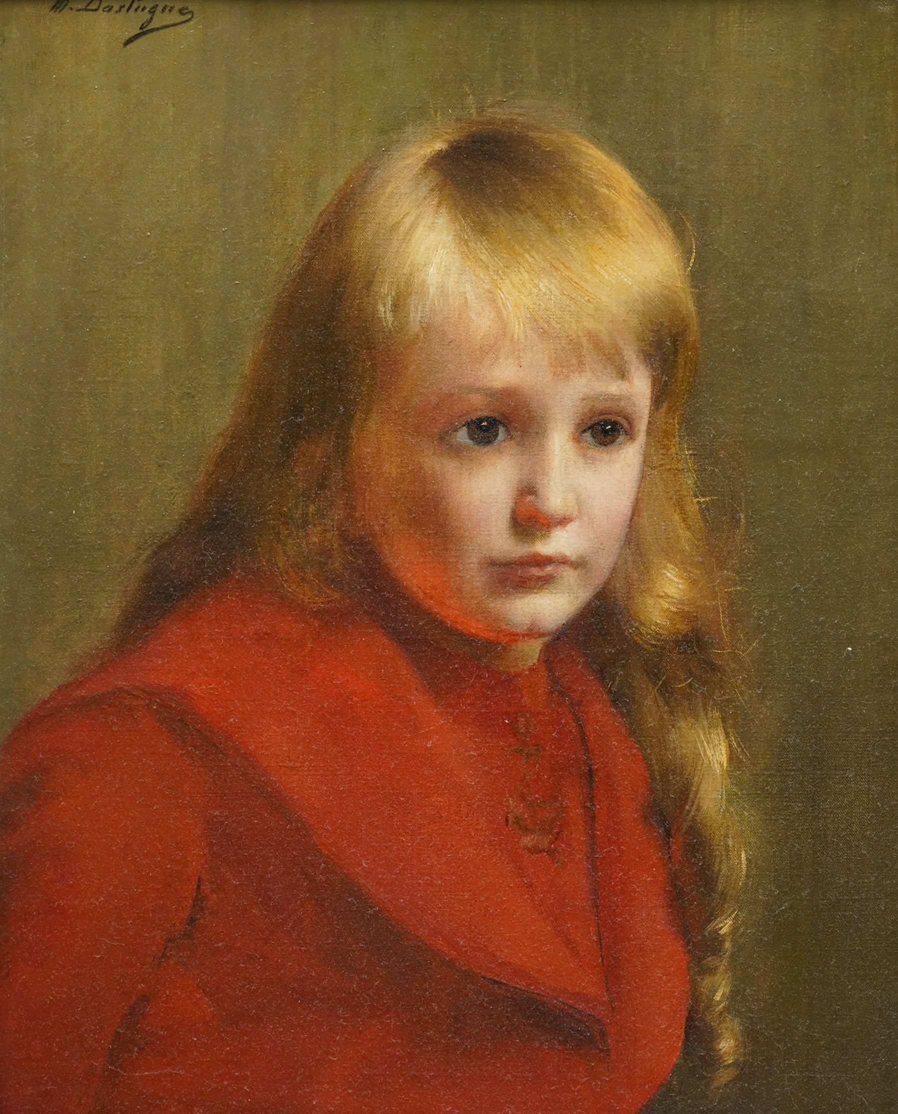 Maxime Dastugue (French 1851-1909): Portrait of a Blonde Girl in a Red Coat, oil on canvas signed 45cm x 37cm