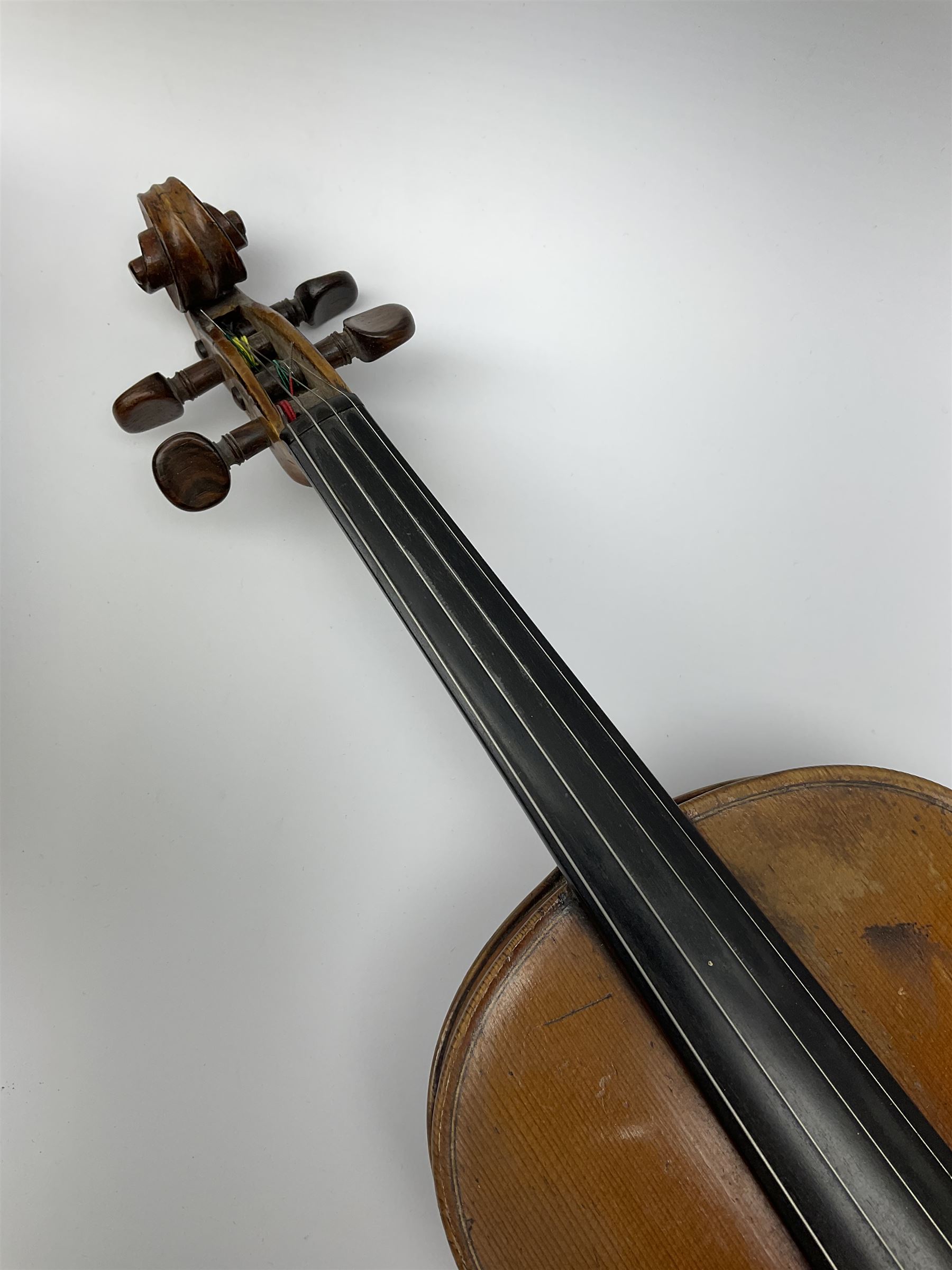 French Mirecourt violin c1920s with 36cm one-piece maple back and ribs and spruce top, labelled Jermone Thibouville-Lamy, L59cm, in fitted carrying case with German bow and 1984 valuation certificate by Frome Valley Music