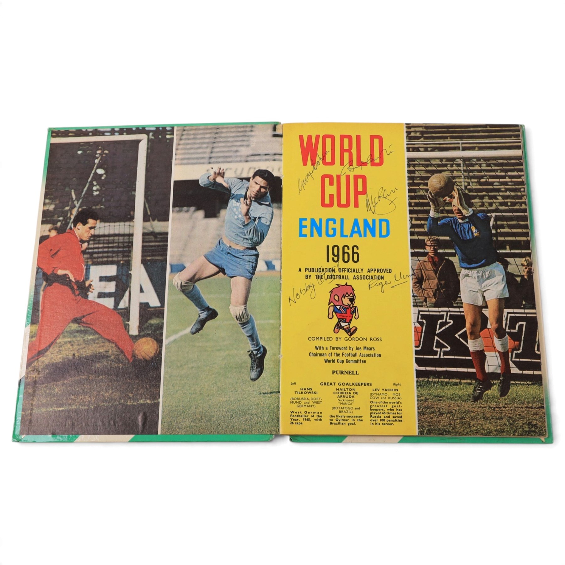 'World Cup 1966 England' hardback book, signed to inner front page by thirteen legendary footballers, to include Bobby Moore, Pele, George Cohen, Bobby Charlton, Alan Ball, Nobby Stiles, Roger Hunt, Peter Thompson, Kenneth Wolstenholme, Jairzinho, Garrincha, Martin Peters and Geoff Hurst, with certificate of authenticity from Chaucer Auctions