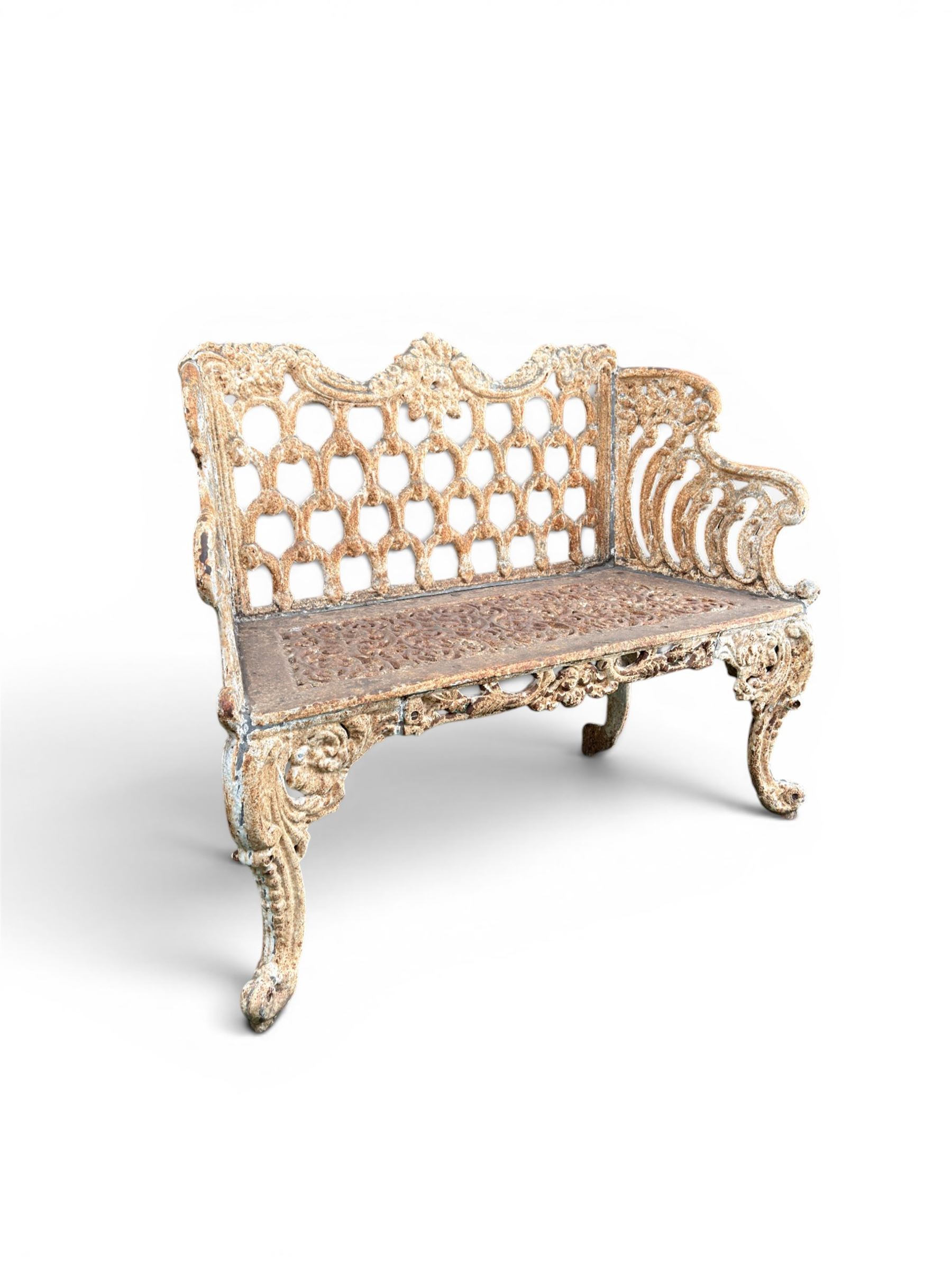 Victorian revival Carron Foundry design heavy cast iron two seat garden bench, scrolled arms with pierced lattice seat, finished in antique white paint