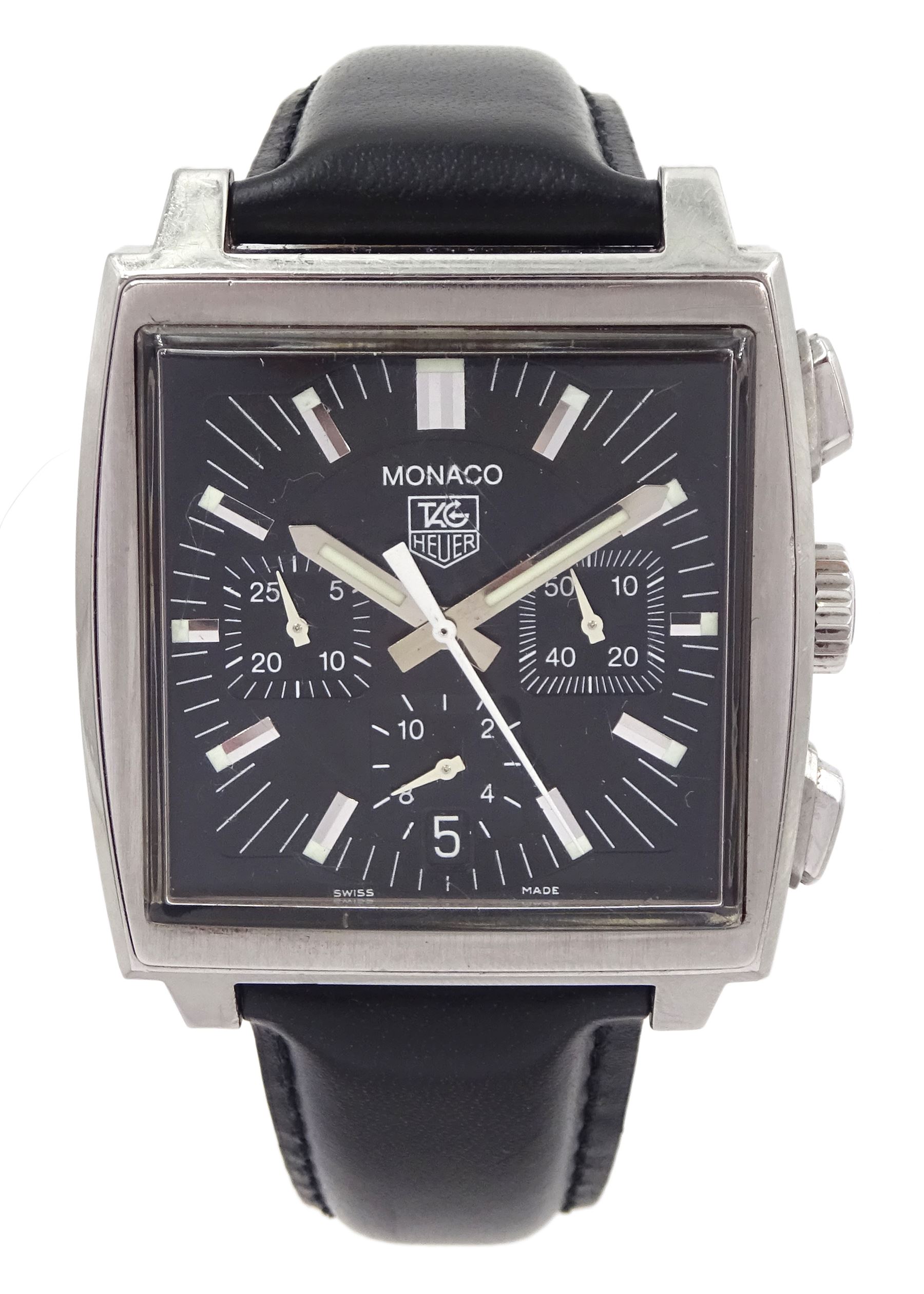 Tag Heuer Monaco gentleman's automatic chronograph wristwatch, circa 2005, Ref. CW2111-0, black dial with date aperture at 6 o'clock, subsidiary dials at 3, 6 and 9 for seconds, 30 minute and 12 hour recording, on black leather strap with original fold-over clasp