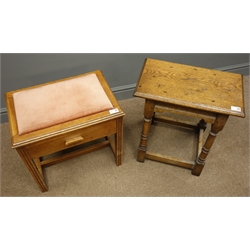 Early 20th century oak stool, upholstered seat with a single drawer on reeded supports, joined by stretchers, (W49cm, H48cm, D34cm), and an oak turned joint table  