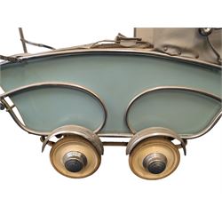 Mid 20th century Dutch baby pram/stroller, with wooden teal sides and chrome chassis, with retailers label for Mors Ouderwetse Kinderwagens, handle H100cm, L130cm