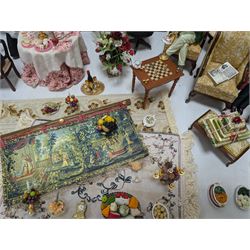 Dolls house living room and dining room furniture, including arm chairs, desk, fireplaces, dressers, tables, eight figures and a large collection of predominantly Christmas themed food, accessories and decorations