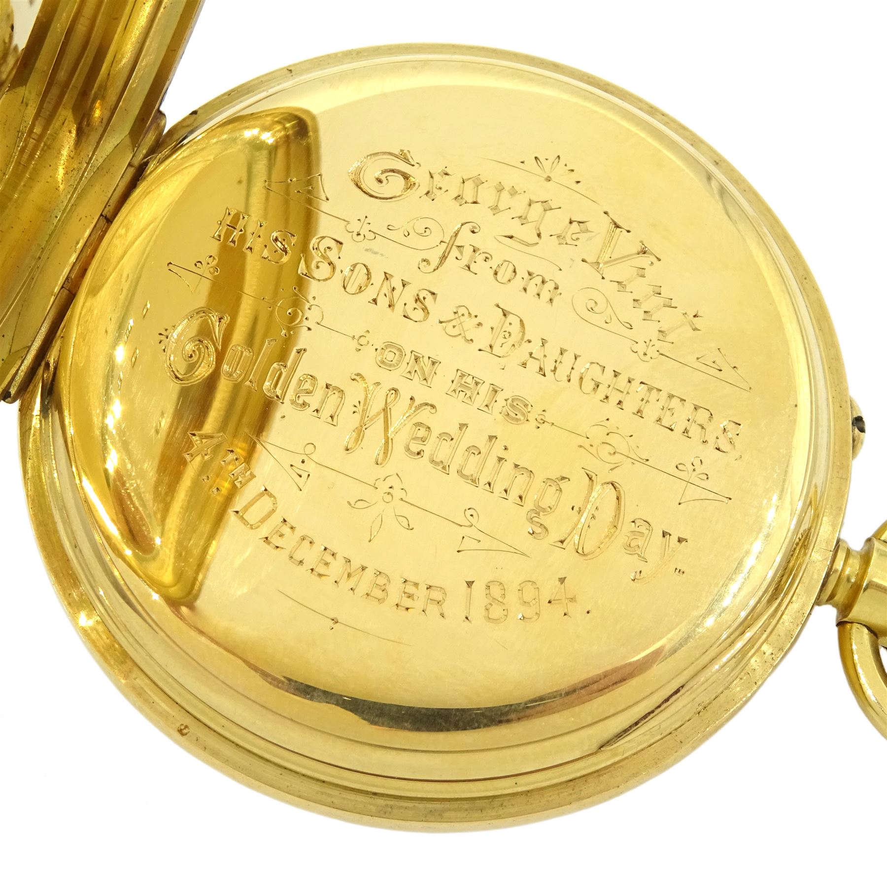 Victorian 18ct gold open face keyless lever presentation pocket watch, white enamel dial with Roman numerals and subsidiary seconds dial, back case with engraved monogrammed initials, case by Arthur Baume & Co, London 1894
