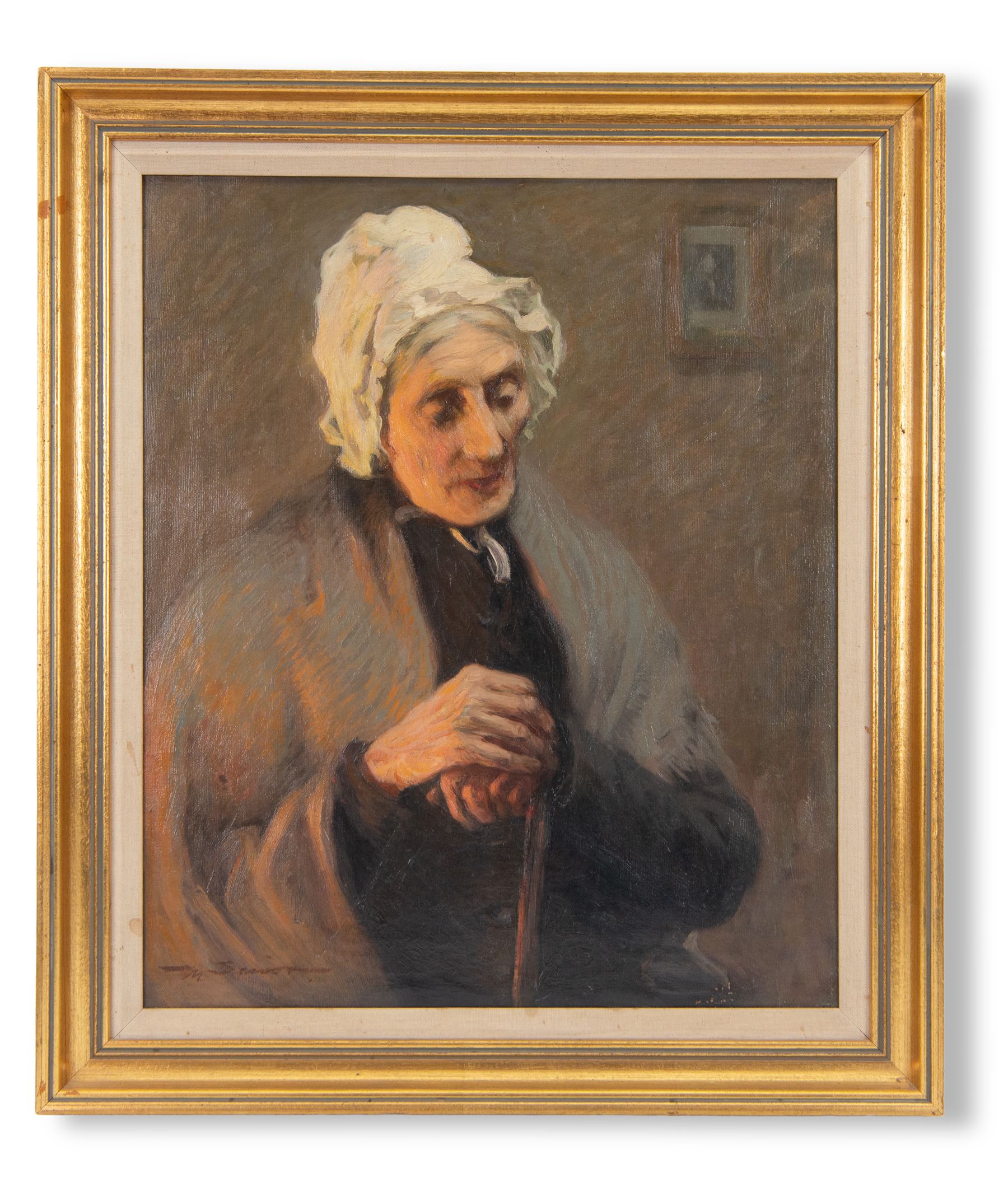 Mark Senior (Staithes Group 1864-1927): 'The Last Flicker' - Portrait of Peggy Calvert, oil on canvas signed 59cm x 49cm
Provenance: exh. Royal Academy 1901 No. 849, faintly inscribed verso. 
Notes: Peggy Calvert served as Senior’s housekeeper, and is known to have frequently sat for his portraits.