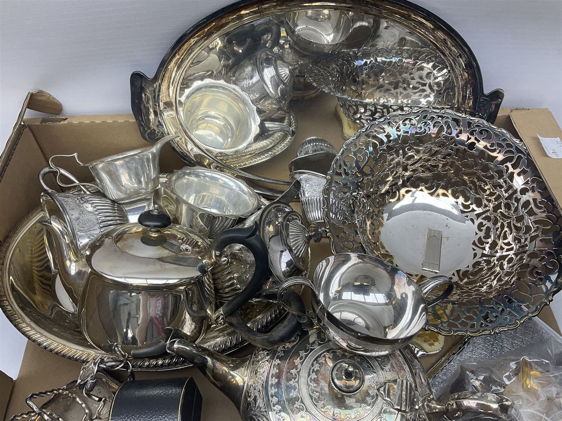 Quantity of silver plate to include cased silver plated fish knife and fork with hallmarked silver ferrules, teapots, etc