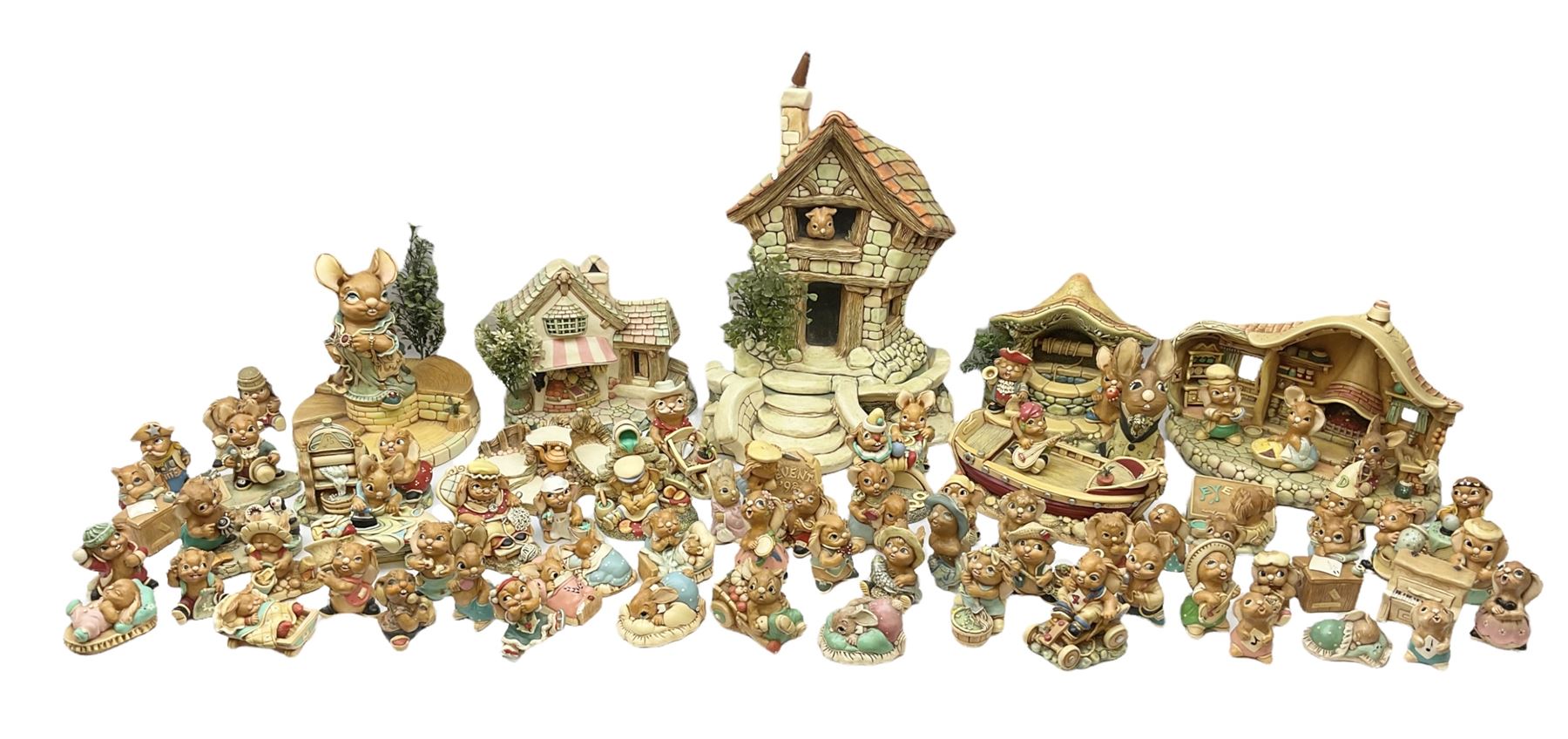 Extensive collection of Pendelfin rabbits and stands, to include Betsy Barge, Fruit Shop, Uncle Soames, Event Piece etc, many with original boxes 