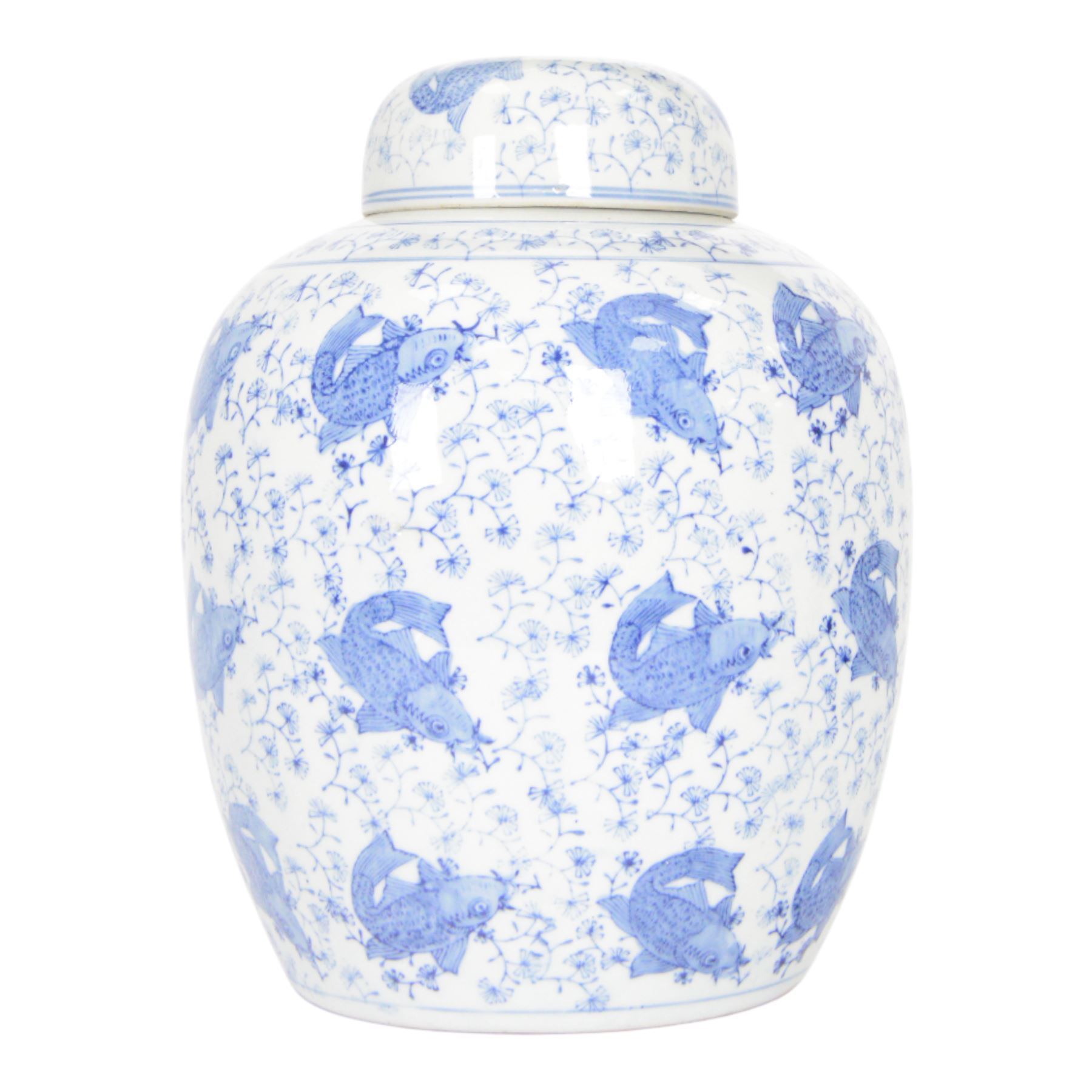 Blue and white ginger jar, decorated in a repetitive pattern of fish swimming amongst dense clusters of aquatic foliage, H40cm