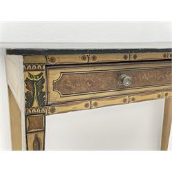 19th century painted pine side table, bow front top over single drawer, square tapering supports, false bamboo paint effect, the drawer front painted with panels, acanthus and harebell painted supports