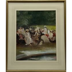 Emile Hoeterickx (Belgian 1853-1923): Fashionable Ladies in the Park, gouache and watercolour signed 46cm x 37cm