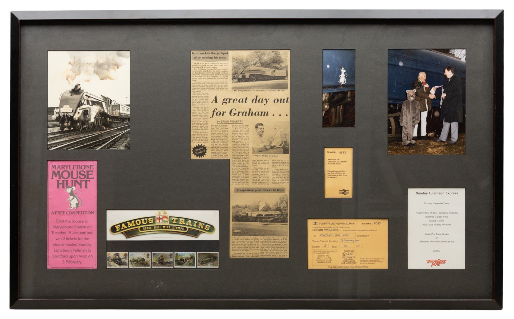 Terence Cuneo (British 1907-1996): Mouse, ink and wash on paper inscribed and signed, on backing 48cm x 30cm; together with a framed collection of associated ephemera, including photographs, press cuttings, competition flyer, Pullman luncheon tickets and menu, documenting the event and prizewinner’s excursion
Notes: the mouse is the original artwork affixed to the locomotive for the 1985 British Rail Marylebone Mouse Hunt, as pictured in the photograph