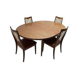 G-Plan - mid-20th century teak 'Fresco' extending dining table, circular top on tapered supports (W122cm H74cm); and Leslie Dandy for G-Plan - set six mid-20th century teak 'Fresco' dining chairs, high backs over tan leatherette seats (W46cm H91cm)