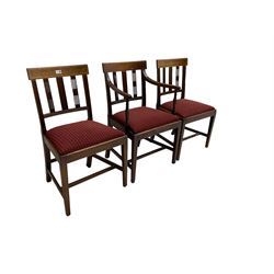 Set three (2+1) 19th century inlaid mahogany dining chairs, slatted backs carved with reeding, upholsered drop in seat, raised on square tapering supports