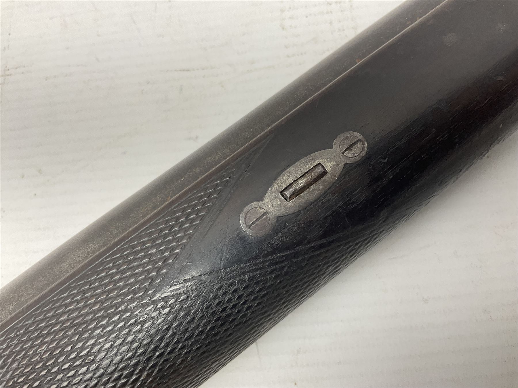 19th century George Gibbs of Bristol .461 cal. muzzle loading percussion match rifle with 28cm cut-down barrel and cut-down stock, Metford type rifling, fitted with additional three folding leaf rear sight to 400yds, back action sight still fitted to tang, maker's name to lock and top of barrel, serial no.439. L46.5cm overall