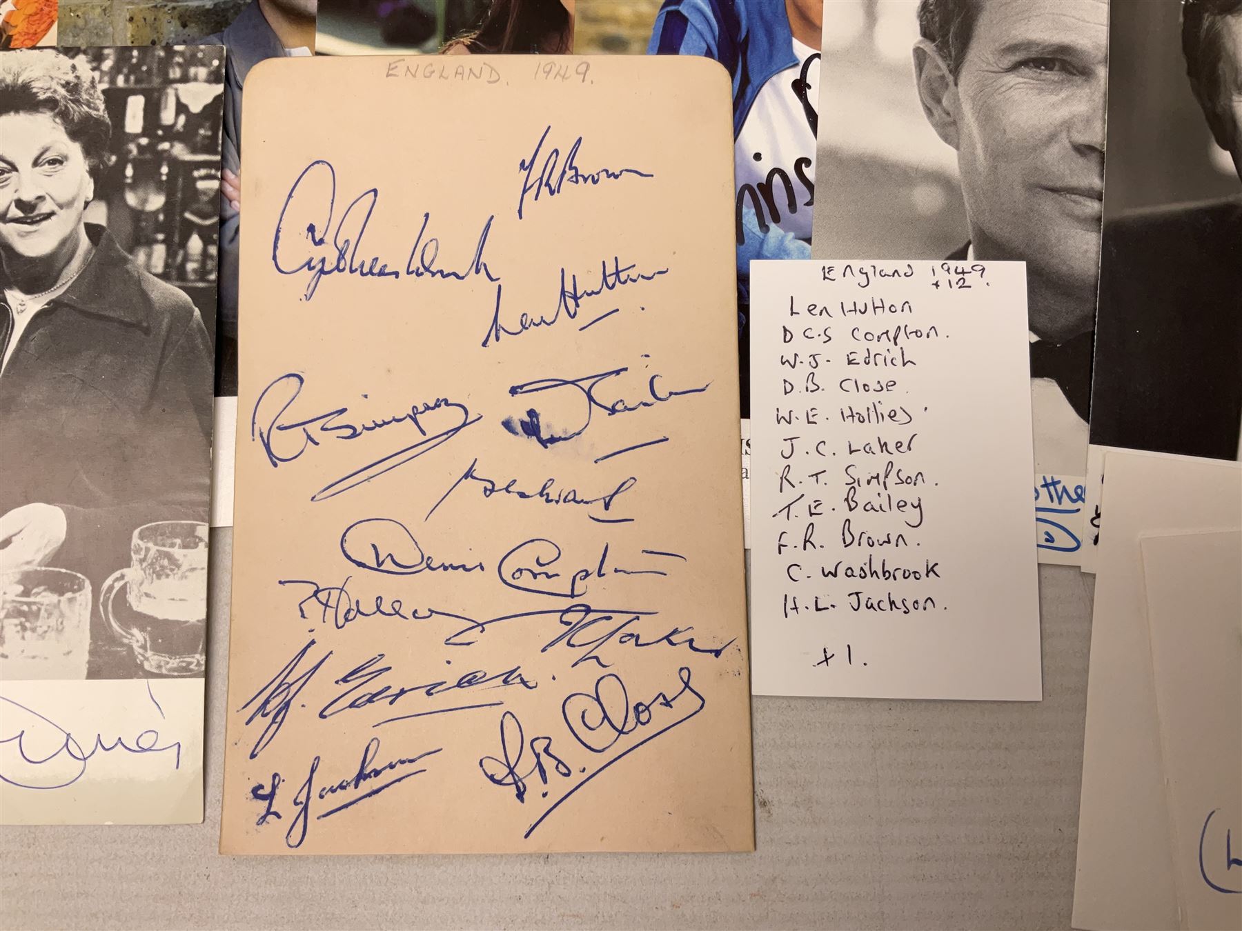 1949 England cricket team signatures including Hutton, Compton, Edrich, Laker etc on loose album page; and large quantity of other autographs of predominantly TV Soap Opera stars from Last of the Summer Wine, Eastenders, Emmerdale, Coronation Street, Heartbeat etc and other TV/Film personalities; on promotional photographs and clipped fragments of paper etc