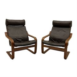 IKEA - Pair of Poang armchairs, medium wood frames with brown leather seat cushions