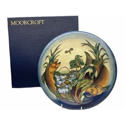 Moorcroft charger of circular form, decorated in the Trout pattern designed by Philip Gibson, with impressed and painted marks beneath, including date symbol for 2000, D36cm, with maker's box. 