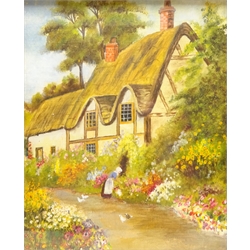  Cattle Being Let out of the Barn, 20th century oil on panel unsigned 19cm x 39cm and Figure Picking Flowers Outside Country Cottage, oil on canvas unsigned 26cm x 22cm (2)  