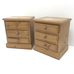  Pair pine bedside chests, three drawers, plinth base, W50cm, H57cm, D38cm  