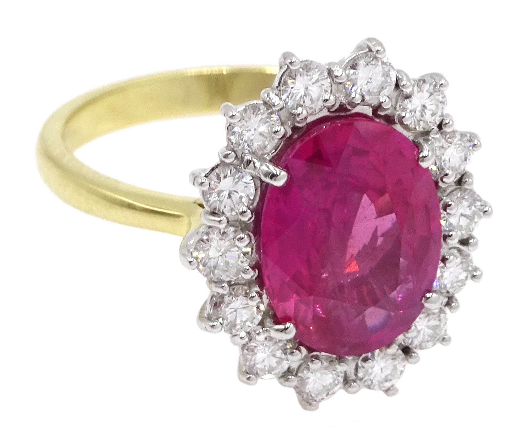 18ct gold pink sapphire and diamond cluster ring, hallmarked, sapphire approx 3.10 carat