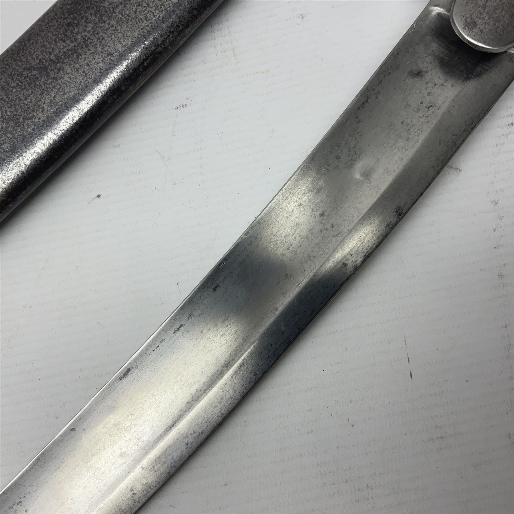 British 1796 Pattern Light Cavalry trooper's sword, the 84cm curving fullered blade stamped Hadley.1 to the back edge, steel hilt with knucklebow, D-shaped langets and leather grip; in polished steel scabbard stamped Osborn & Gunby Birmm. and W.R.16 ( ?16th Light Dragoons) with two suspension rings L100cm overall