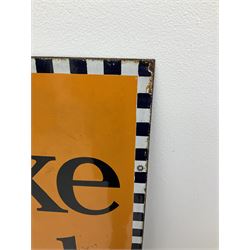 A large enamel advertising sign for Brooke Bond tea, detailed 'Brooke Bond Tea is good tea' in black lettering upon an orange ground with black and white chequered border, H101.5cm, W76cm. 