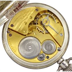 Silver open face keyless lever presentation pocket watch by Elgin, No. 41282316, case by case by Aaron Lufkin Dennison, Birmingham 1951, with an early 20th century silver tapering double Albert chain with clips by H W Ashford & Co, Birmingham 1922 and silver fob