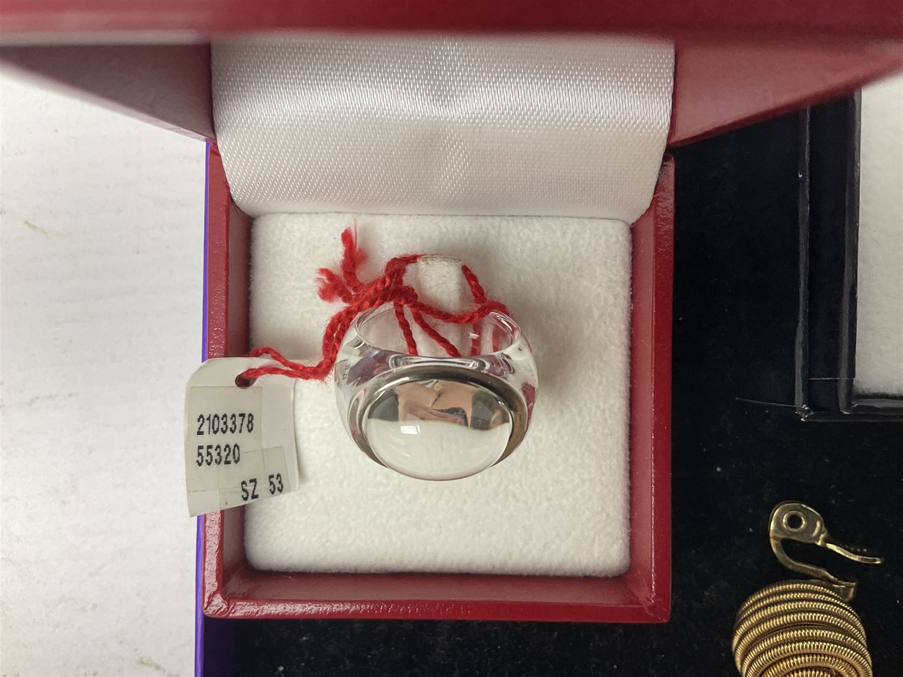 9ct gold cubic zirconia ring, Baccarat glass ring, silver jewellery, large collection of costume jewellery including Burberry brooch, Monet earrings and Esso England World Cup Squad tokens