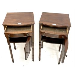 Pair of George III mahogany bedside tables, single drawers above single cupboard, turned supports