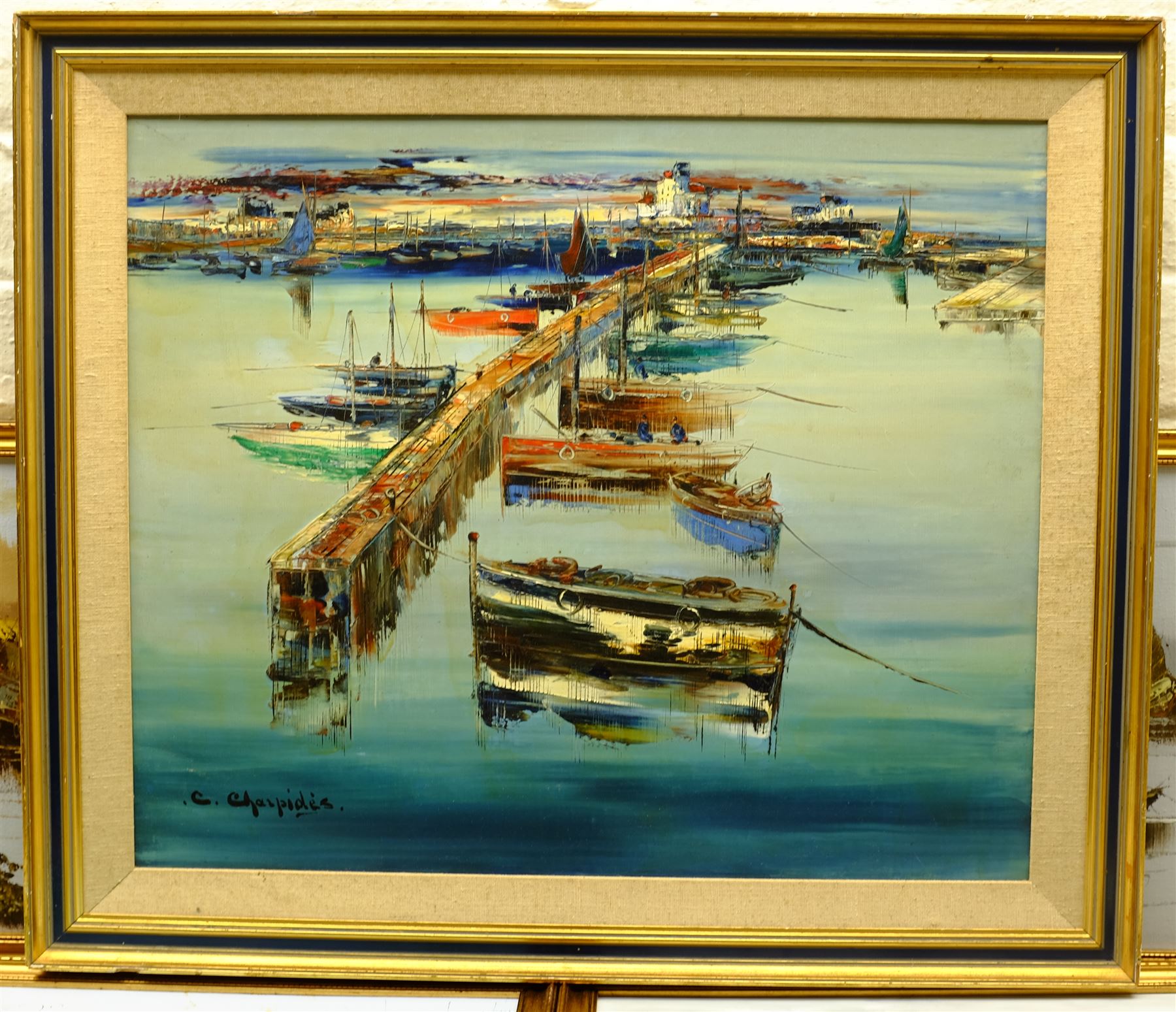 Oriental School (20th century): City Harbour, oil on canvas indistinctly signed, together with four smaller similar oils on board and a portrait of a gentleman, max 45cm x 54cm (6)
