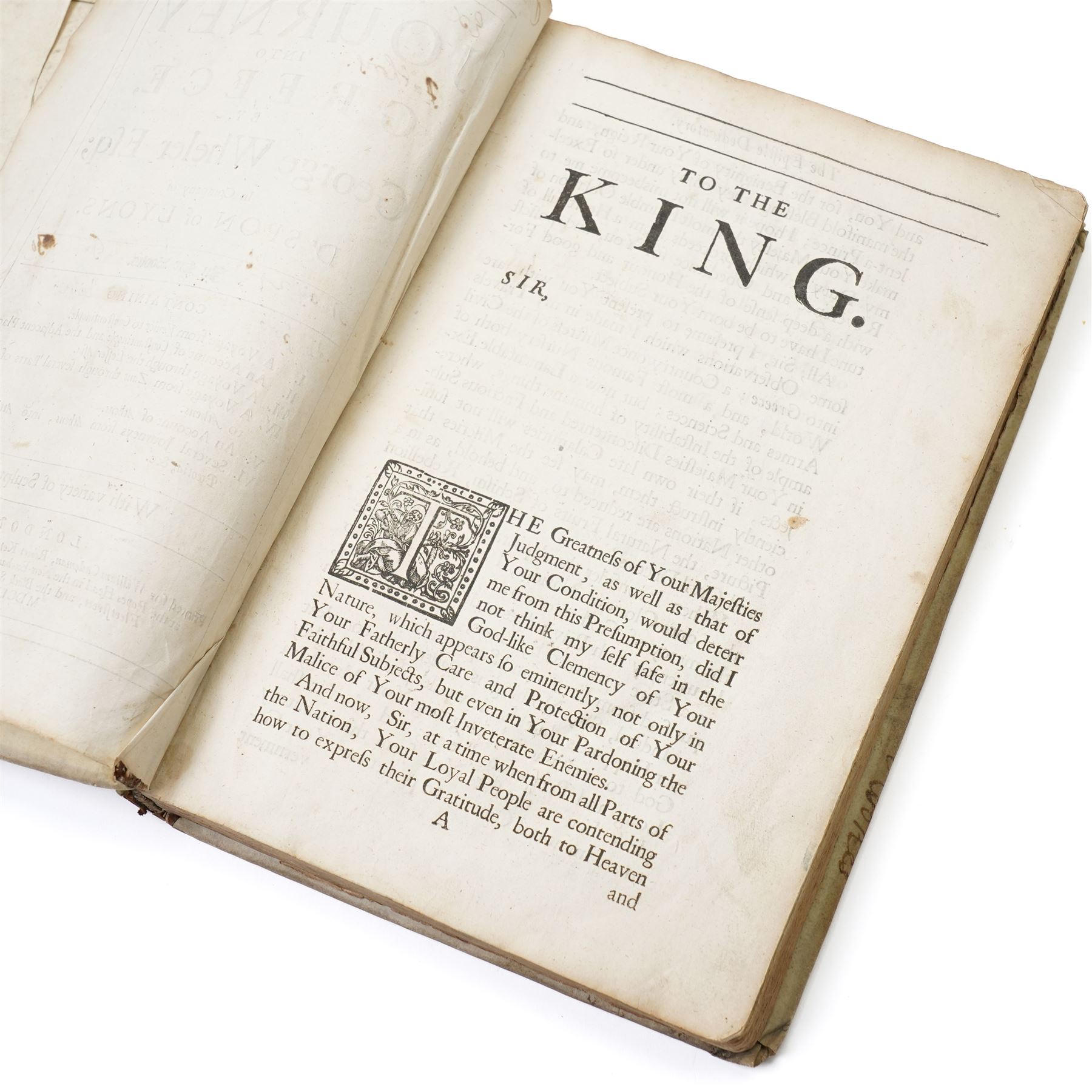 Wheler, George - 'A Journey into Greece' in company of Dr Spon of Lyons, printed for William Cademan et al, first edition 1682 ex libris Johannes Clarke in vellum covered boards, a double sided vellum page of music and a single sided vellum page, both in Latin and framed (3)