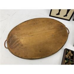 Two Scott-Ford framed silhouettes, featuring the standing profile study of a man dated 1929 and a pair of women dated 1929 and 1930, together with a box containing wooden chess pieces and a serving tray 