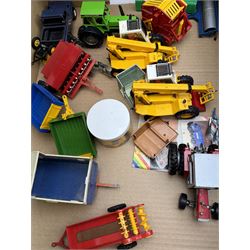 Collection of predominantly late 1970s/early 1980s Britains diecast vehicles and farming equipment, including Corn King, tractors, JCBs, horsebox, skip lorry, etc together with figures and accessories