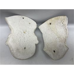 Pair of concrete wall planters in the form of a medieval King and Queen, painted white, L28cm