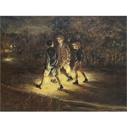 Fred Wilde (Northern British 1910-1986): 'Going to Choir Practice', oil on canvas signed, titled verso 38cm x 49cm 