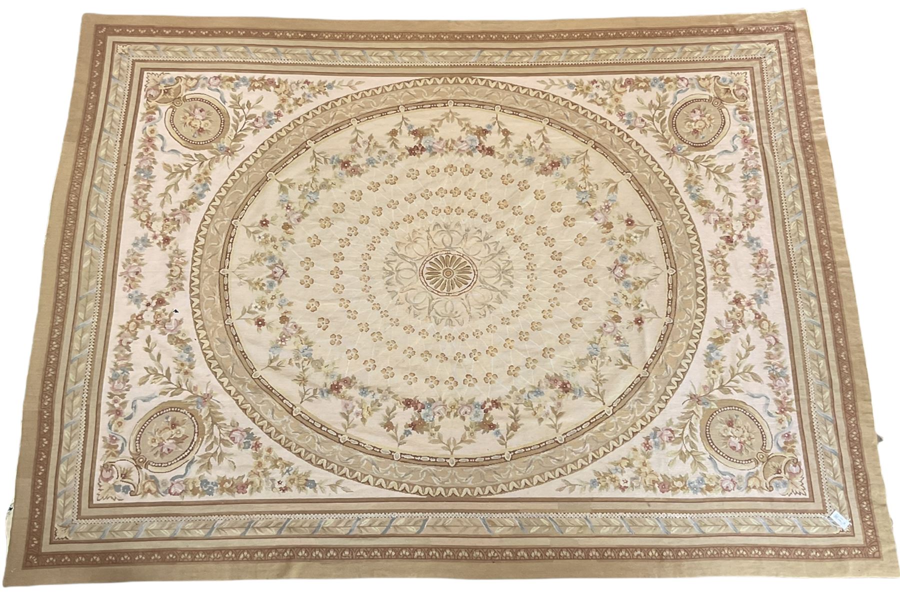 Late 20th century French style needle work Aubusson rug, circular field decorated with floral garlands and flower head motifs, multi-band border