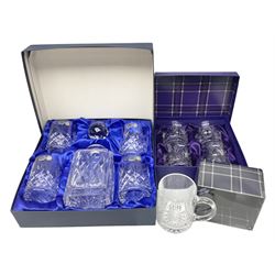 Bohemia Crystal cased decanter and four glasses set, Edinburgh crystal four tumbler set and boxed Edinburgh crystal etched glass