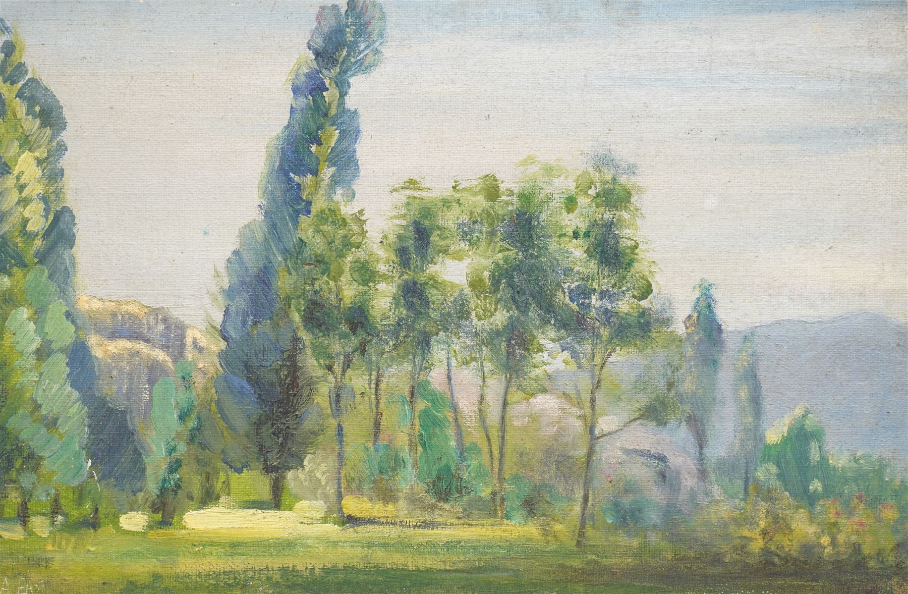 Sir Alfred East RA (British 1849-1913): Summer Tuscan Landscape, oil on board signed with scrafitto signature 19cm x 29cm