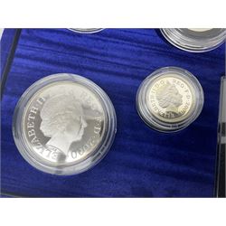 The Royal Mint United Kingdom 2000 silver proof Millennium coin collection, including Maundy coins, number 6384, cased with certificate 